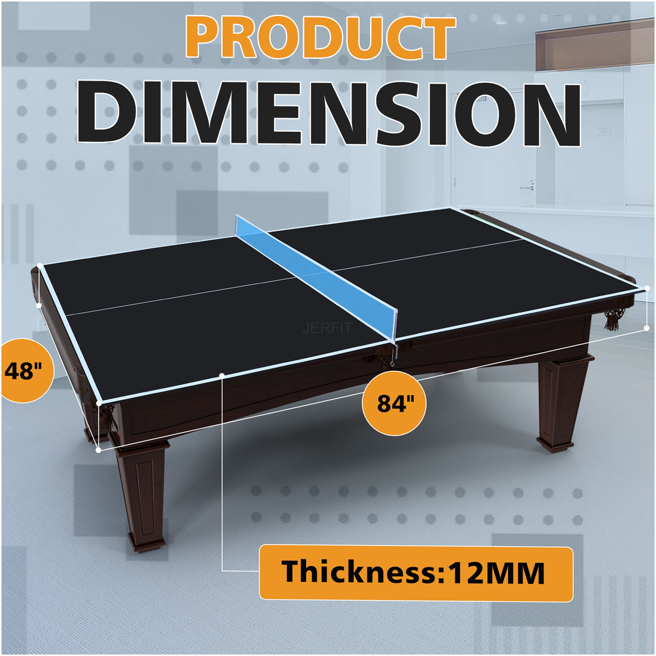 JERFIT 7x4ft Foldable Ping Pong Table Top for Indoor Use, Portable MDF Conversion Top with Net, Professional Mid-Size Black Table Tennis Surface