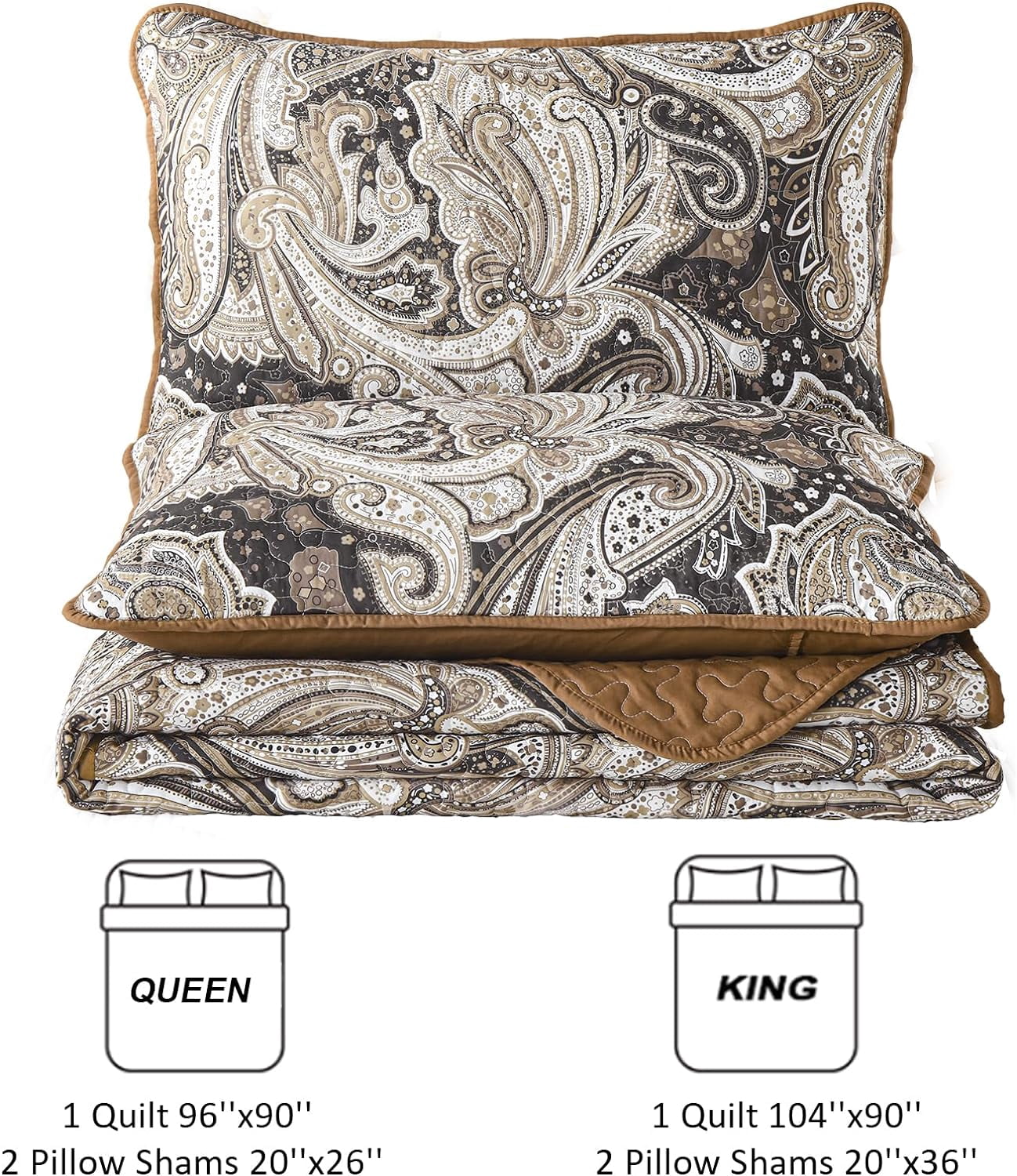 Dintszyayue Brown Paisley Quilt Set King Size,1Bedspreads and 2Pillowcases Soft Adult Coverlets(90"x110")