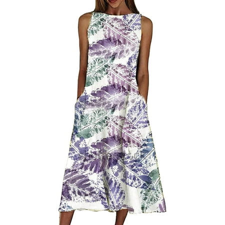 

PIKADINGNIS Womens Summer Flower Floral Print Dresses for Women One Word Collar Skirt Middle Length Dress with Pockets Sleeveless Dress