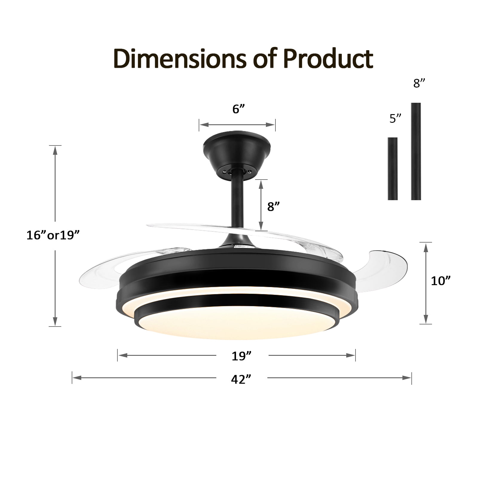 XYJBHB 42-Inch Retractable Ceiling Fan with Light and Remote, 6-Speed Dimmable LED Fandelier for Bedroom and Living Room, Black