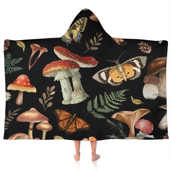 Red Mushroom Butterfly Black Pattern Hooded Bath Towel,50"x30" for Ages 3 To 12 Kids, Quick Dry Lightweight Soft Microfiber Hood Beach Towel Cover Up for Kids