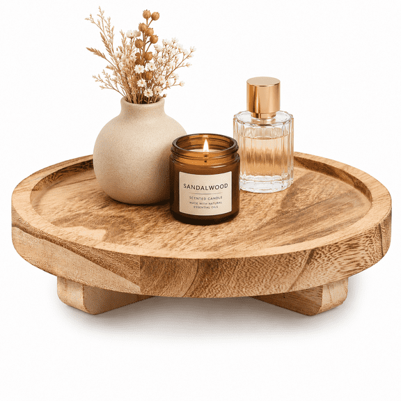 LuckArrives Round Wooden Display Riser, 10 inch Wood Decorative Tray for Counter Candle Holder, Bathroom Organizer, Farmhouse Kitchen Decor – Soap Dish, Perfume, Sponge