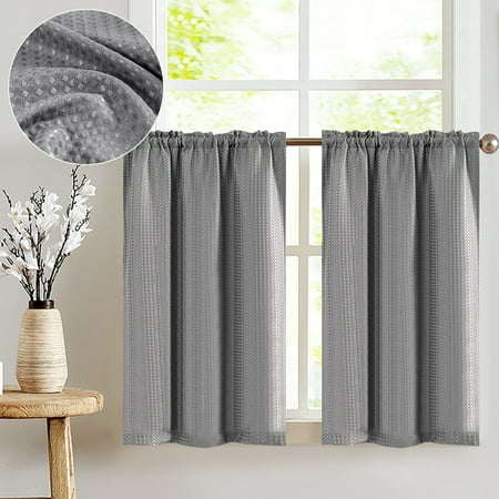 Curtainking Waffle Textured Kitchen Curtains Grey Tier Curtains 36 inch for Bathroom 2 Panels Rod Pocket Farmhouse Short Window Curtains