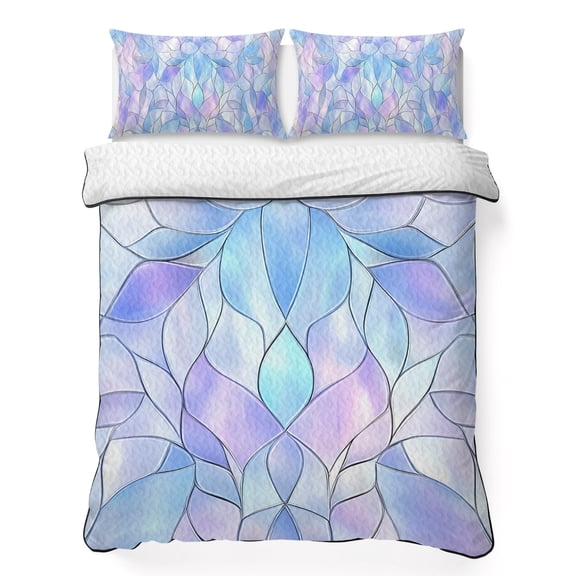 King Quilt Set 96''x106'', Stained Glass Lightweight Summer Bedspread Coverlet Set with 2 Pillow Shams, Blue Purple Floral Geometric Breathable All Season Quilt Bedding for Bedroom/Guest Room
