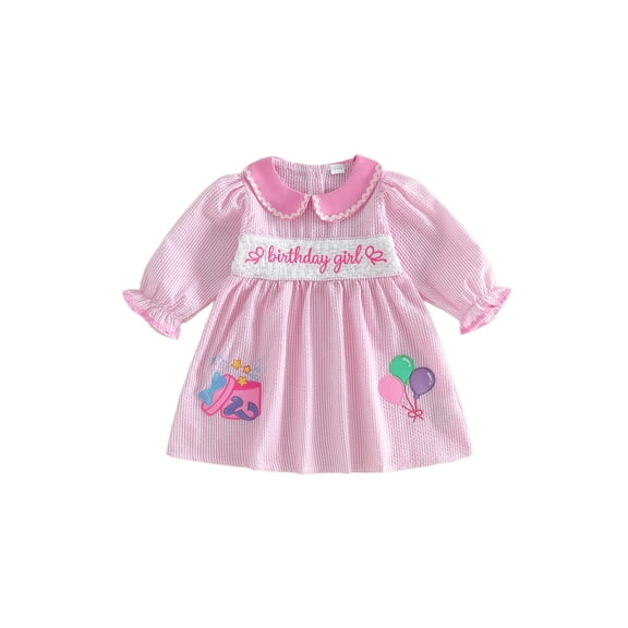 BemeyourBBs Toddler Baby Girls Birthday Dress Smocked Outfits 1st 2nd 3rd 4th 5th Years Old Birthday Summer Clothes Short Sleeve Doll Collar Letter Cake Balloons Print Princess Party Dress