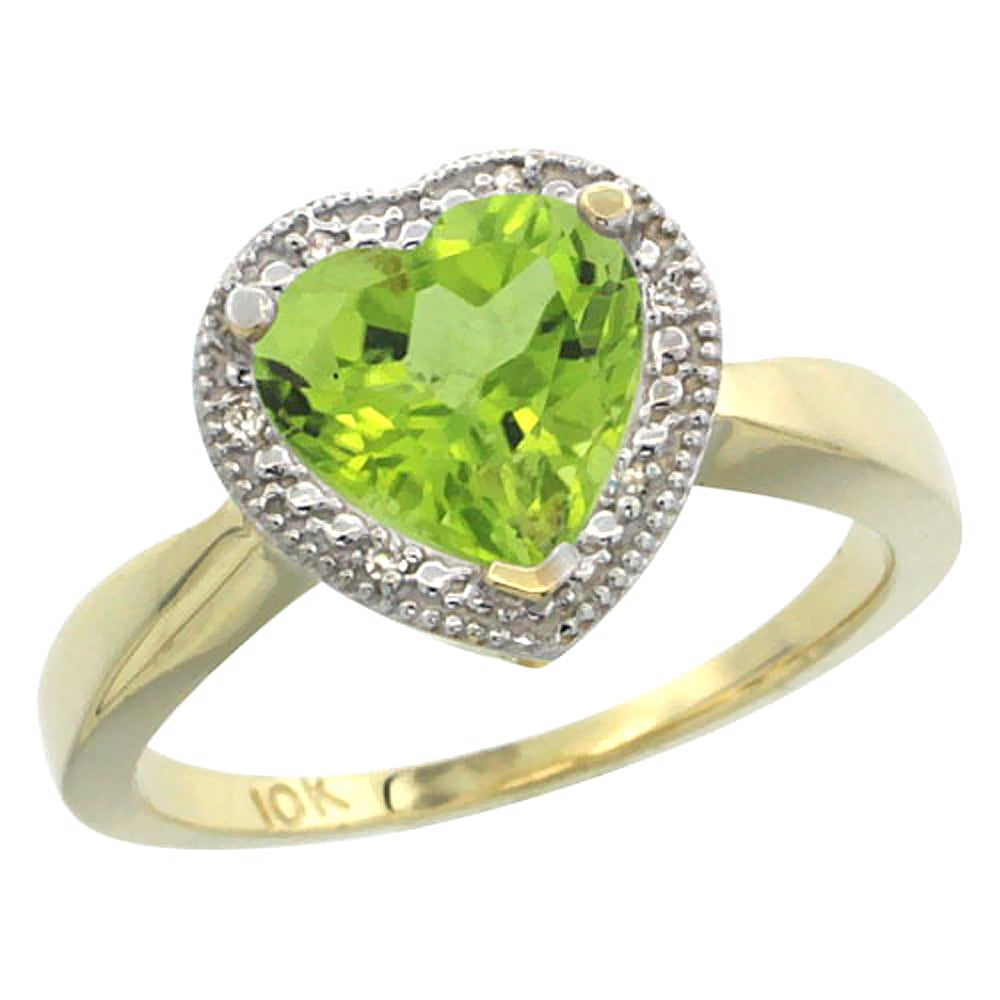 10K Yellow Gold Natural Peridot Ring Heart 8x8mm Diamond Accent, sizes 5-10 by WorldJewels