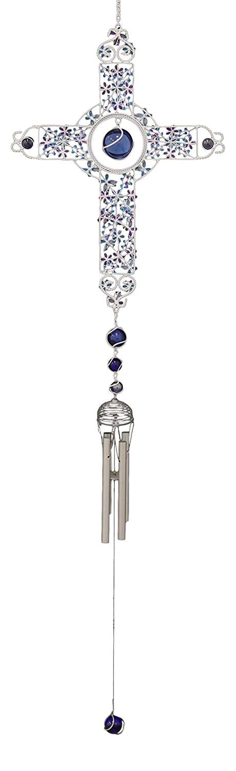 Ebros Amazing Grace Floral Cross with Gemstones Resonant Relaxing Wind Chime 40" Long Aluminum Rods Wind Chime Home Patio Garden Decor Religious Catholic Christian Inspirational Windchimes