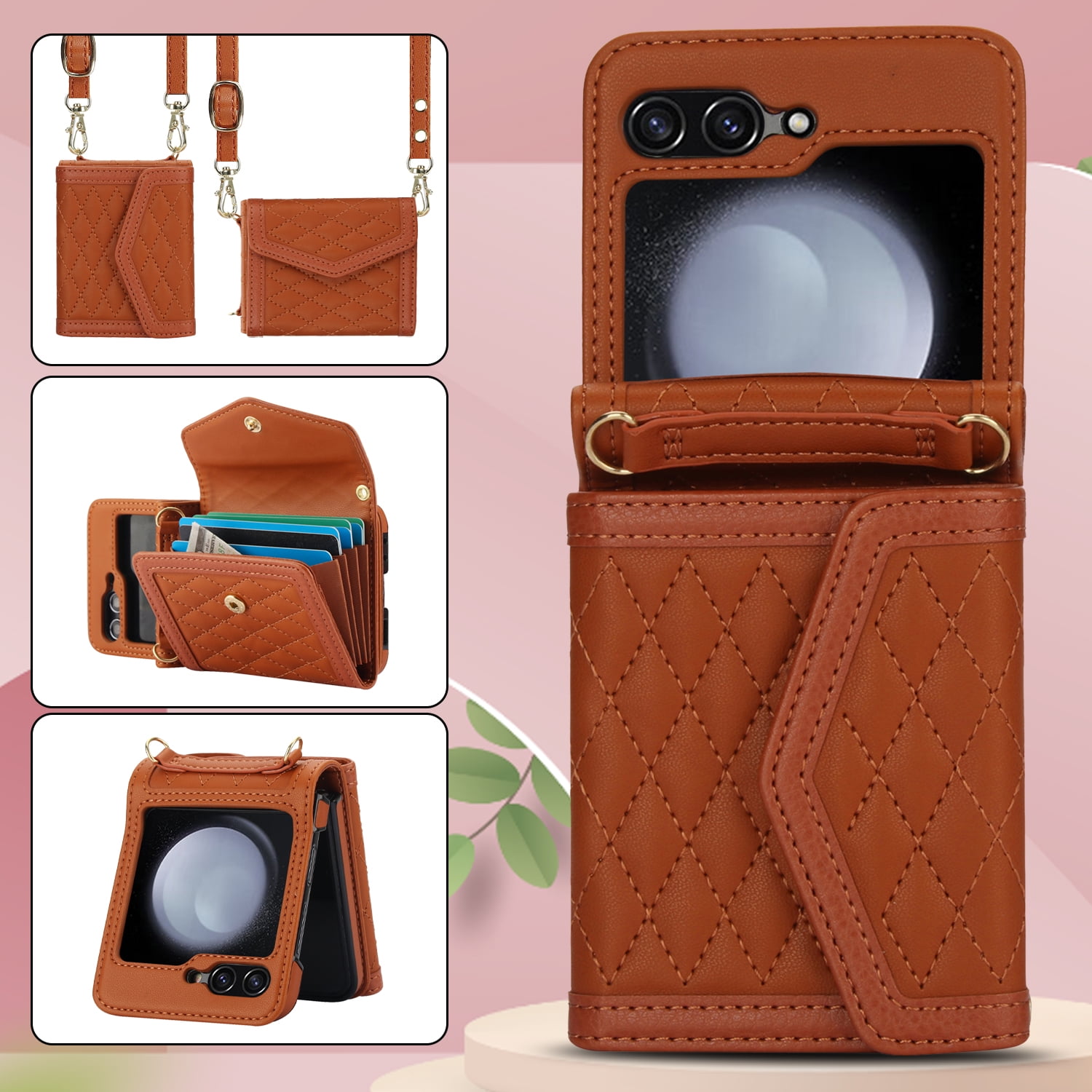 for Motorola Razr 60 / Motorola Razr 2025 Elegant Case Wallet for Women, 4 Card Holder & Shoulder Strap & Wristlet Flip PU Leather Phone Case with RFID Blocking, Brown