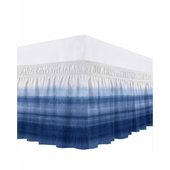 Navy Blue Ombre Bed Skirt King Size, Farmhouse Modern Gradient Wrap Around Bed Skirting with Adjustable Elastic Strap, Dust Ruffled Pleated Bedskirts 18 Inch Drop for Bedroom King Beds