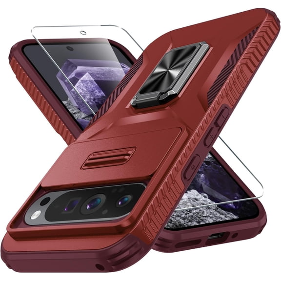 KOMI for Google Pixel 9/9 Pro Case with Tempered Glass Screen Protector and Camera Lens Cover,Rotated Ring Stable Kickstand,Heavy Duty Shockproof Protective Phone Cover-Red