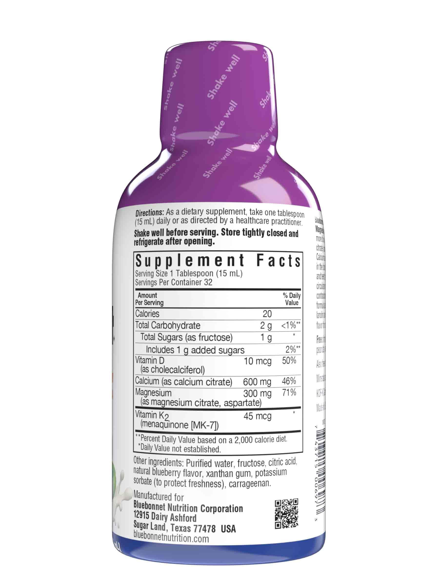 Bluebonnet Liquid Bone Support Calcium & Magnesium Citrate Vitamin D3 K2 32 Days Blueberry