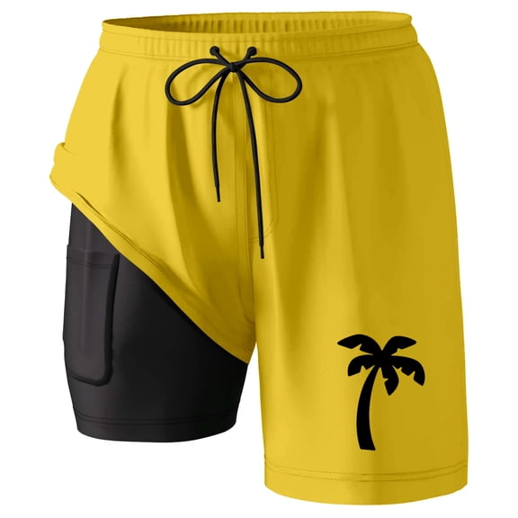 ibiyuan Men's Swim Trunks with Mesh Lining Quickdry Bathing Suit 2 In 1 Mens Short Pockets Stretch Printed Beach Swimming Pool Swimwear,Yellow-f