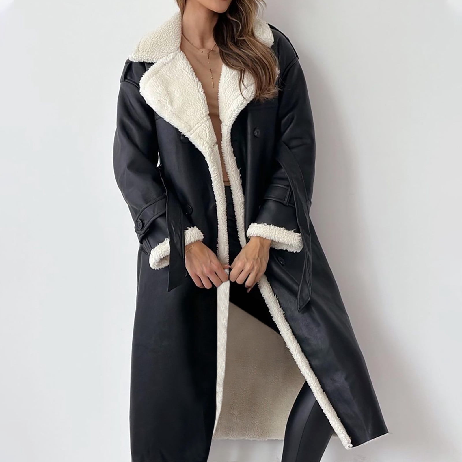 APEXFWDT Women Shearling Sheepskin Faux Leather Coat Long Winter Warm Sherpa Lined Jacket Notch Collar Button Down Trench Coat with Belt
