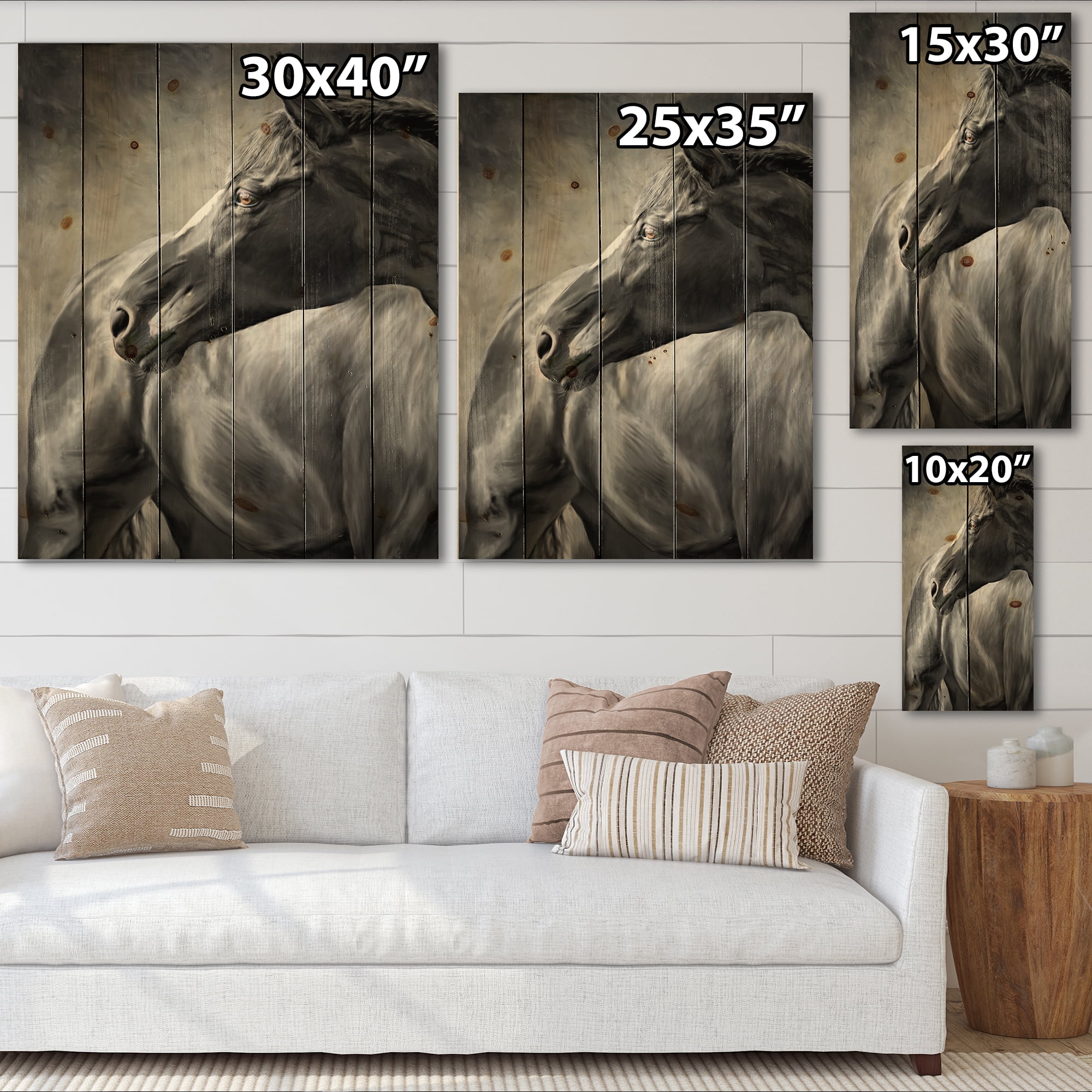 Designart 'Close Up Of A Black Horse' Farmhouse Print on Natural Pine Wood