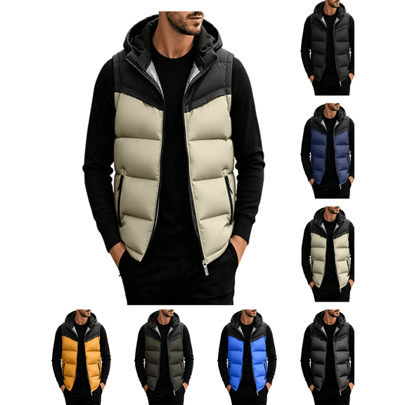 Atkumj Mens Puffer Vest Stylish Color Block Full Zip Hooded Vest Loose Casual Warm Fleece Lined Mens Vests Outerwear for Fall Winter L