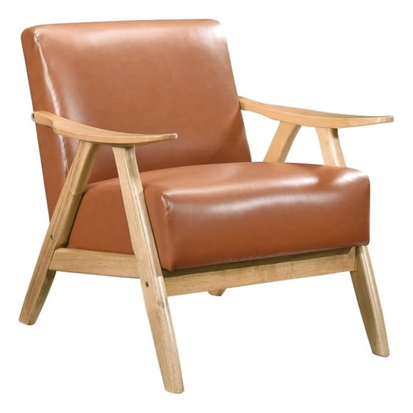 Pemberly Row Accent Club Armchair in Faux Leather with Natural Brown Solid Wood