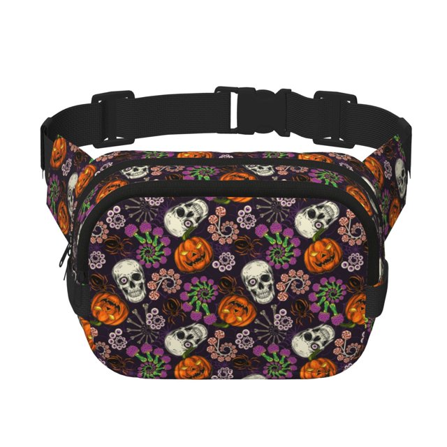 Fotbe Halloween With Skull Cangurera Cuadrada con Estampado de Doble Capa, Bolsa de Cintura Ajustable Mini para Hombres y Mujeres