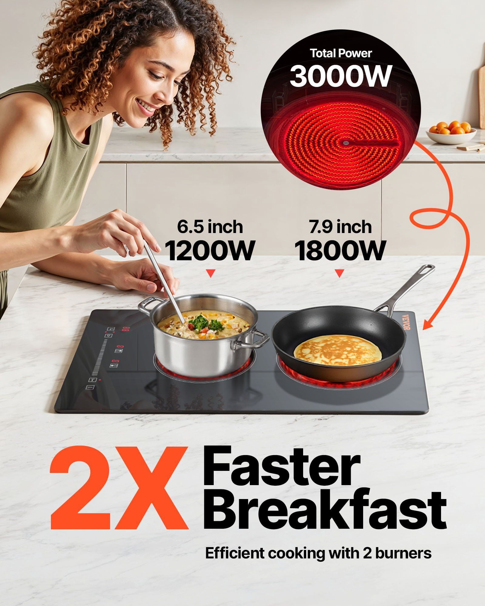 Built in Electric Stove Top 20 x 11.6 Inch 2 Burners 240V Glass Radiant Cooktop with Sensor Touch Control Timer Child Lock 9 Power Levels for Simmer Steam Slow Cook Fry
