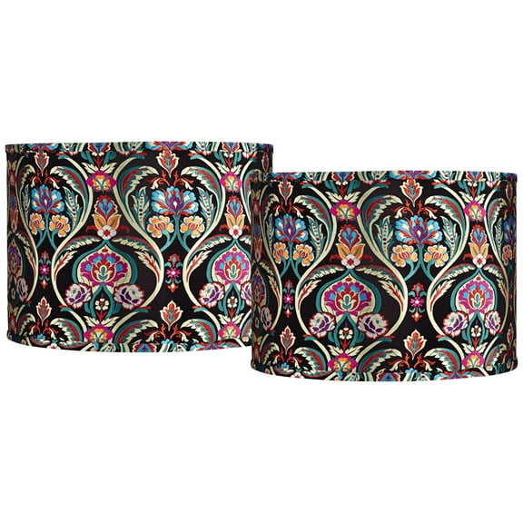 Springcrest Set of 2 Drum Print Lamp Shades Multi-Color Bohemian Medium 15" Top x 15" Bottom x 11" High Spider Harp Finial Fitting