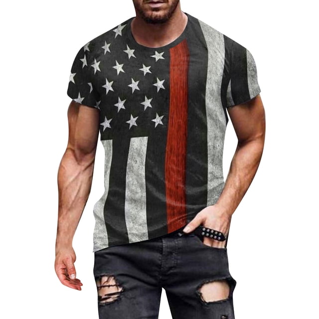 LUOGENLI T-shirts pour Hommes T-shirts d'Été Mode Décontractée Col Rond Impression Numérique 3D Jour de l'Indépendance t-Shirt Manches Courtes T-shirts Graphiques Vêtements d'Été Rouge TG