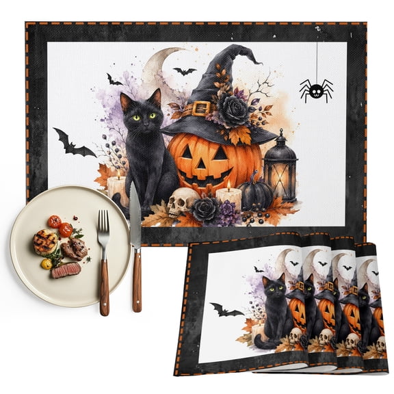 Orange Pumpkins Halloween Placemats Set of 2, Black Roses Cats Washable Wipeable Table Mats for Dining Tables, Indoor Outdoor Kitchen Place Mats for Holiday Party Table Decor