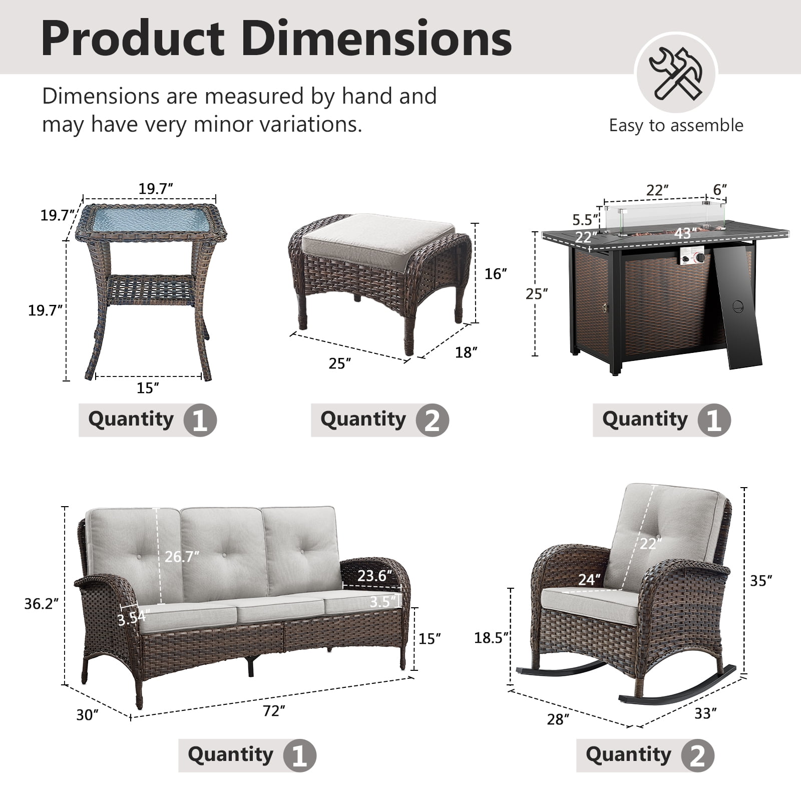 OPOHORO 7 - Pieces Patio Furniture Set with 43" Rectangular Fire Pit Table, Outdoor Conversation Sets with Glider Chairs, Glass Side Table and Ottomans, for Garden Lawn Balcony, Beige Cushion