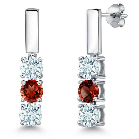 Gem Stone King 925 Sterling Silver Sky Blue Aquamarine and Red Garnet Drop Dangle Earrings for Women | 1.55 Cttw | Gemstone March Birthstone | Round 5MM