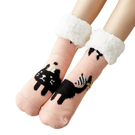 

Zhiyuan 1 Pair Floor Socks Mid-calf Sherpa Lining Stretchy Soft Christmas Reindeer Pattern Feet Protection Non-slip Winter Thermal Women Indoor Home Slipper Sleeping Socks for Home