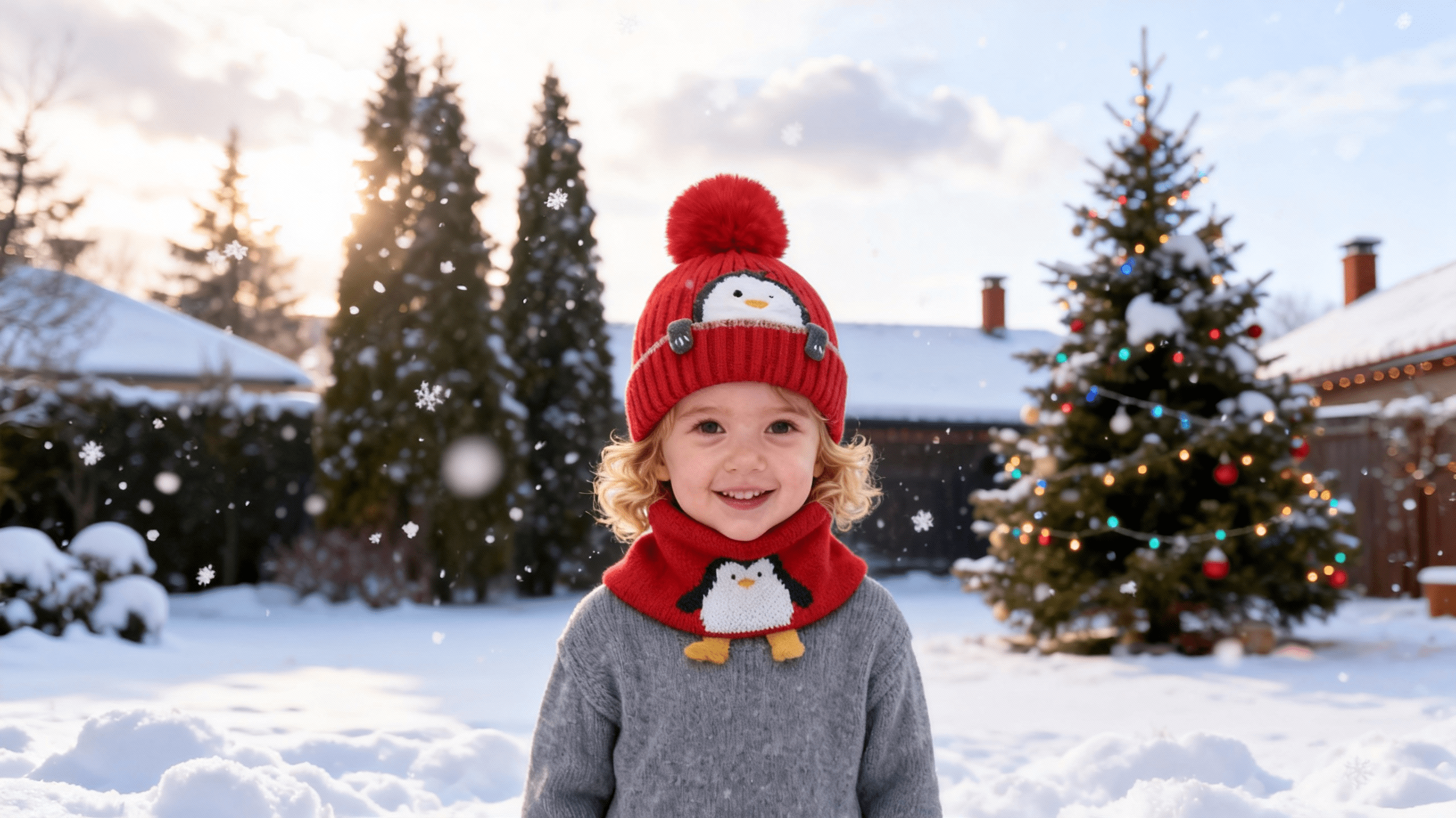 Baby Kids Winter Warm Hats, Infant Toddler Children Pom Pom Beanie Knit Cap Girls Boys-2 piece