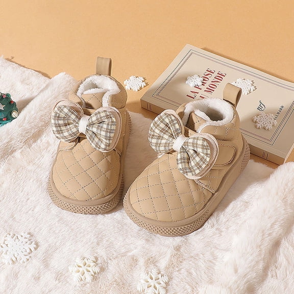 BRGZLK Toddler Girls Snow Boots Trendy Cute Bowknot Fleece Lined Warm Non-Slip Cozy Ankle Booties Lightweight Cozy Winter Kids Shoes Khaki 5-5.5 Years
