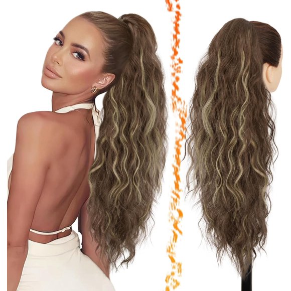 shiyou-Drawstring Ponytail Extensions - 26 Inch Long Curly Wavy Highlight Ponytail Hair Extensions for Women, Synthetic Clip in Ponytails Hairpieces - Medium Brown with Highlights