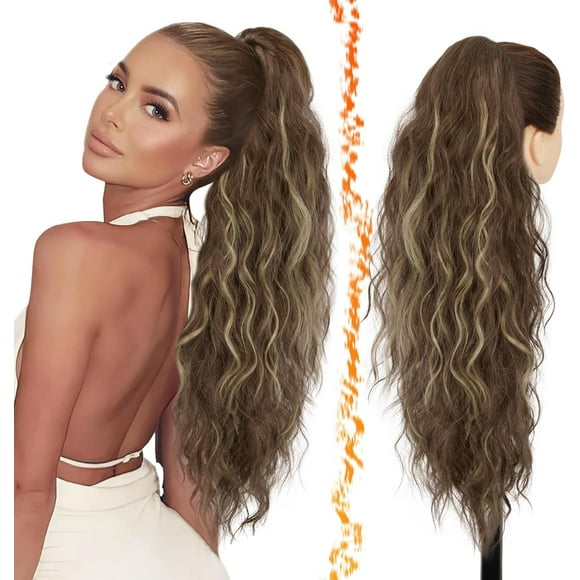 shiyou-Drawstring Ponytail Extensions - 26 Inch Long Curly Wavy Highlight Ponytail Hair Extensions for Women, Synthetic Clip in Ponytails Hairpieces - Medium Brown with Highlights