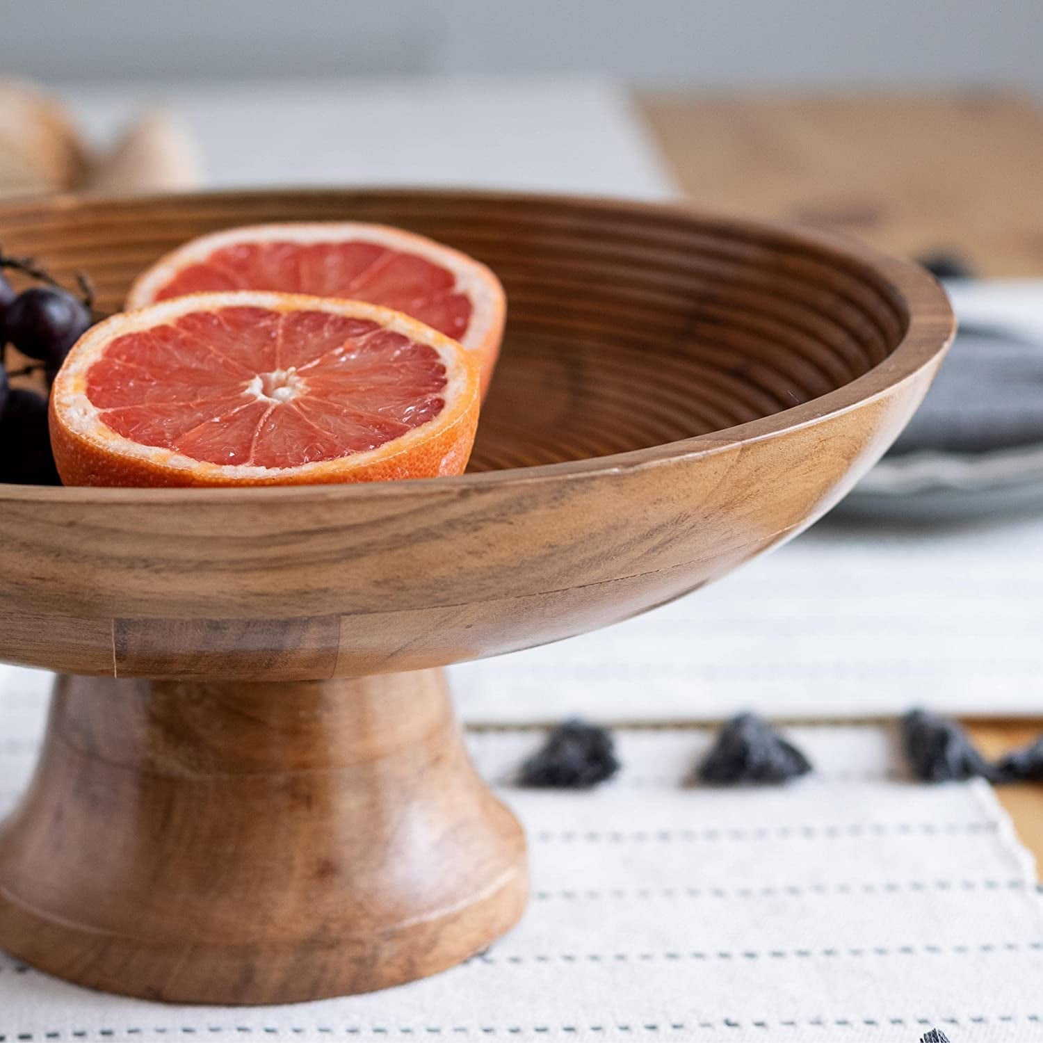 Folkulture Wood Fruit Bowl or Decorative Pedestal Bowl for Table