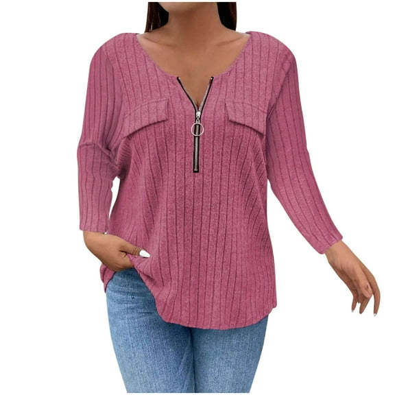 Diufon Womens Plus Size Sweaters 3/4 Sleeve Zip-up V Neck Ribbed Knit Tops Solid Color Casual Work Blouses