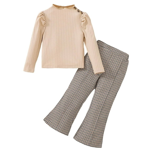 Ruiwill Girl Outfit Set Long Sleeve Ribbed Knit Top With Plaid Wide Leg Pants Outfit Casual Two Piece Toddler Comfortable Playwear Crew Neck Print Girl Clothes Beige Size 3-4 Years