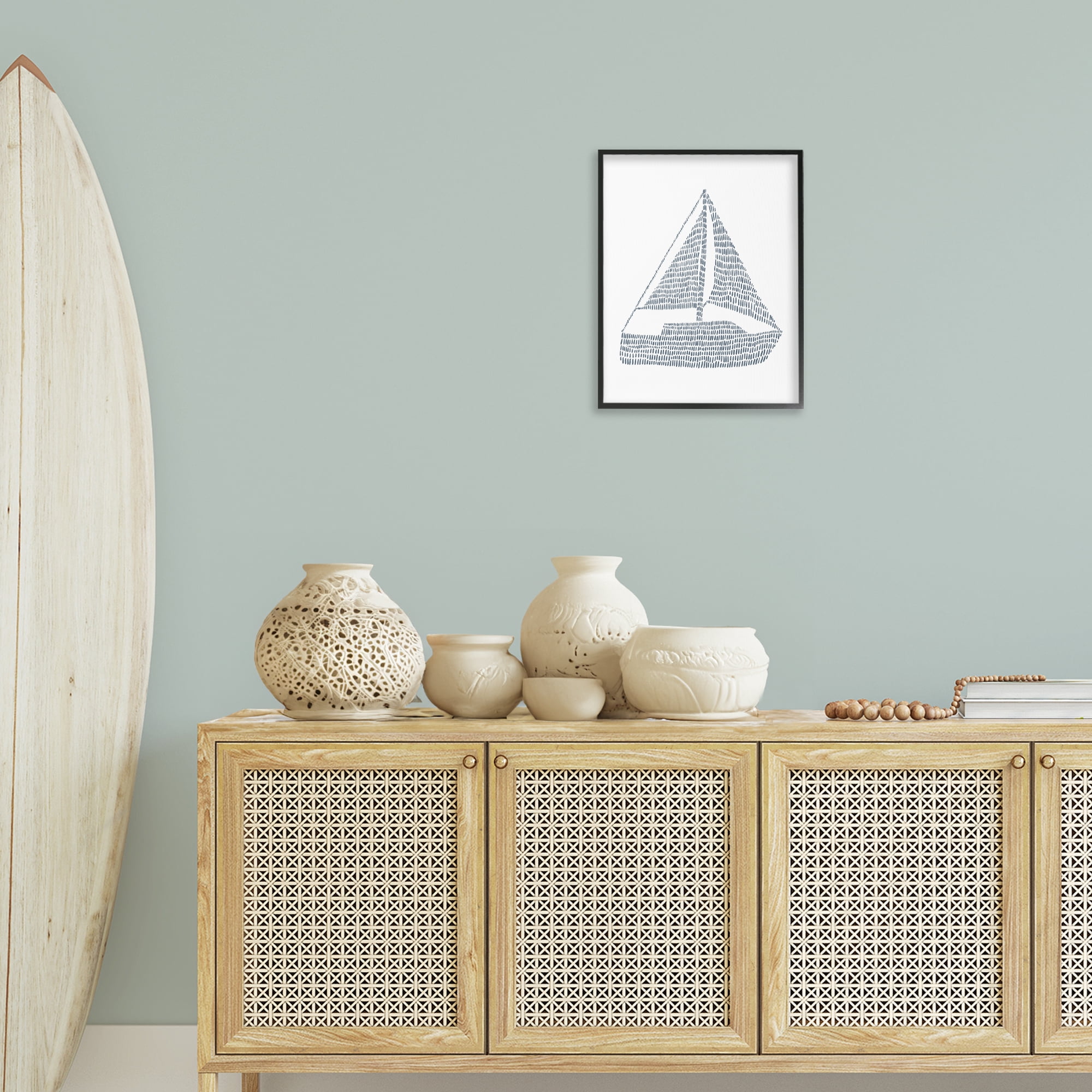 Stupell Industries Minimal Boat on White Coastal Painting Black Framed Art Print Wall Art, 16 x 20