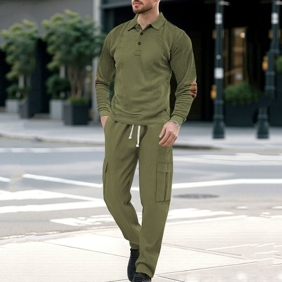 Zedker Men's Tracksuits 2 Piece Athletic Track Suit Jogging Sweatsuits Casual button Polo Shirt Sports Set Army Green Plus L