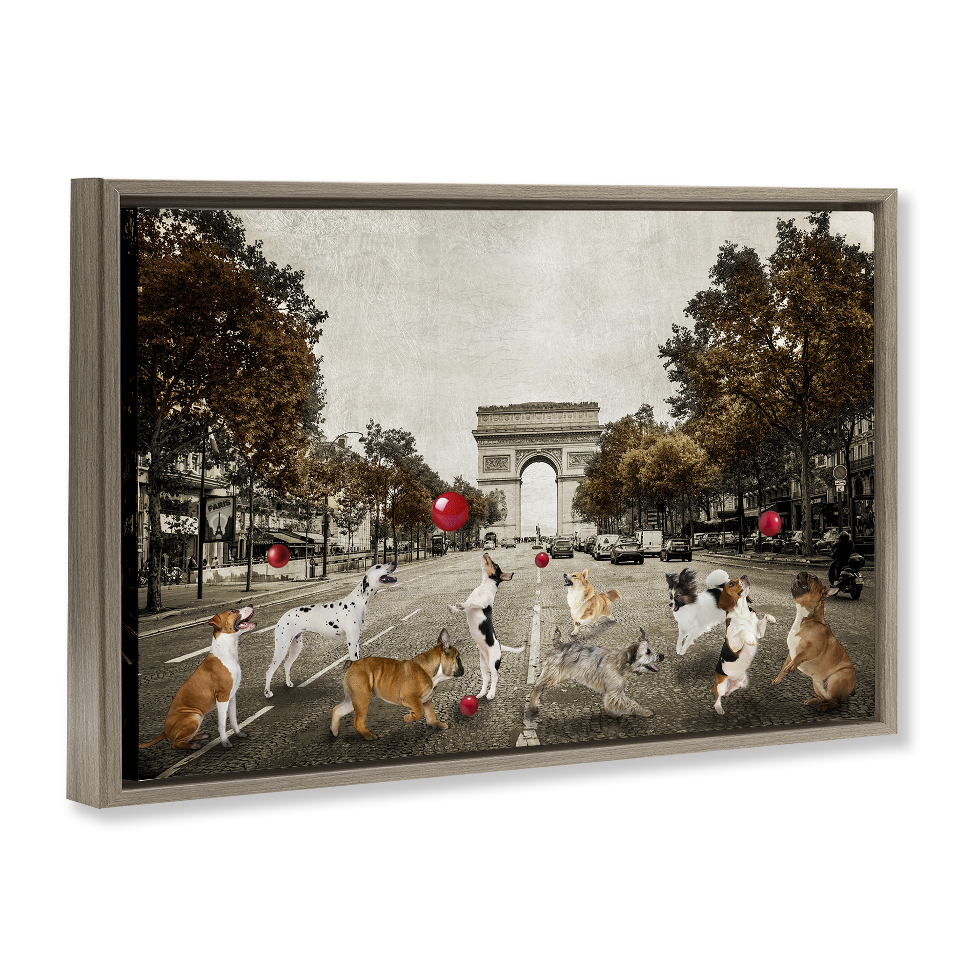 Stupell Industries Dogs Playing Among Architecture Animals & Insects Painting Brown Floater Framed Canvas Art Print Wall Art, 25 x 17