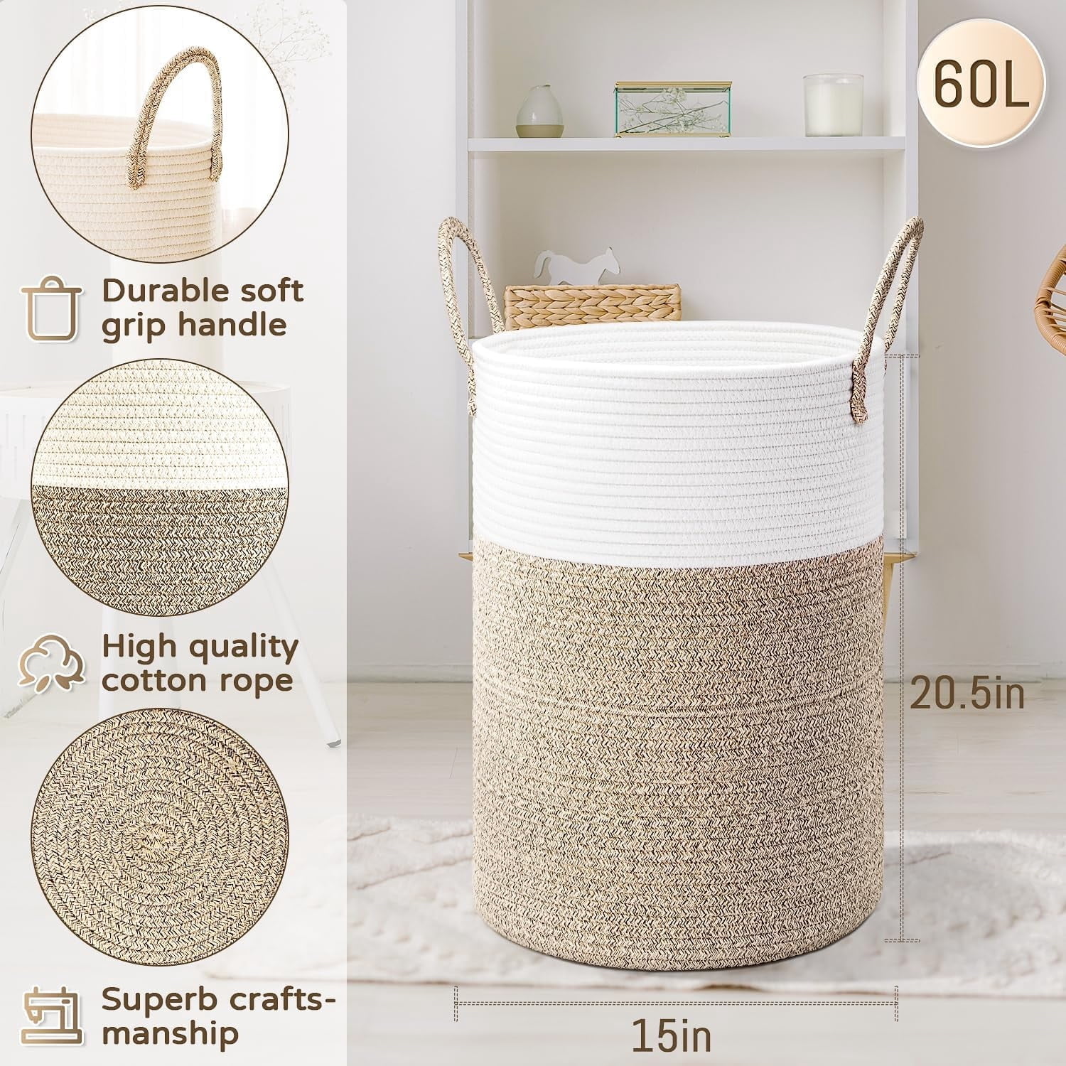 TEAFIRST 60L Laundry Hamper, Woven Cotton Rope Large Capacity Laundry Hamper Handles for Bathroom