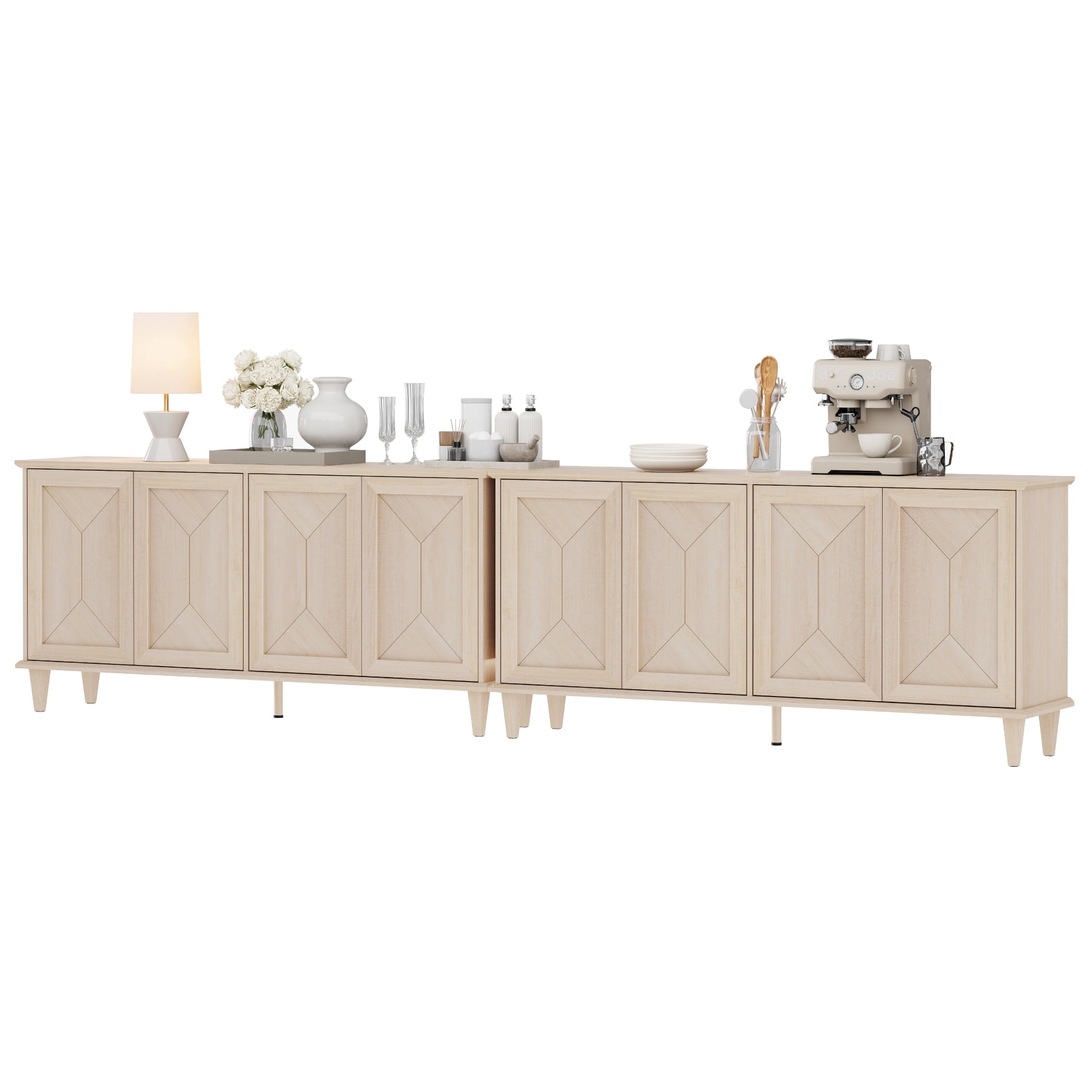 WAMPAT 130-inch Large Double Unit TV Stand for 85-130+ inch TVs, Modern Farmhouse Media Console with Handcrafted Patchwork Doors, Massive Storage with Adjustable Shelves & Cable Management, Light Oak