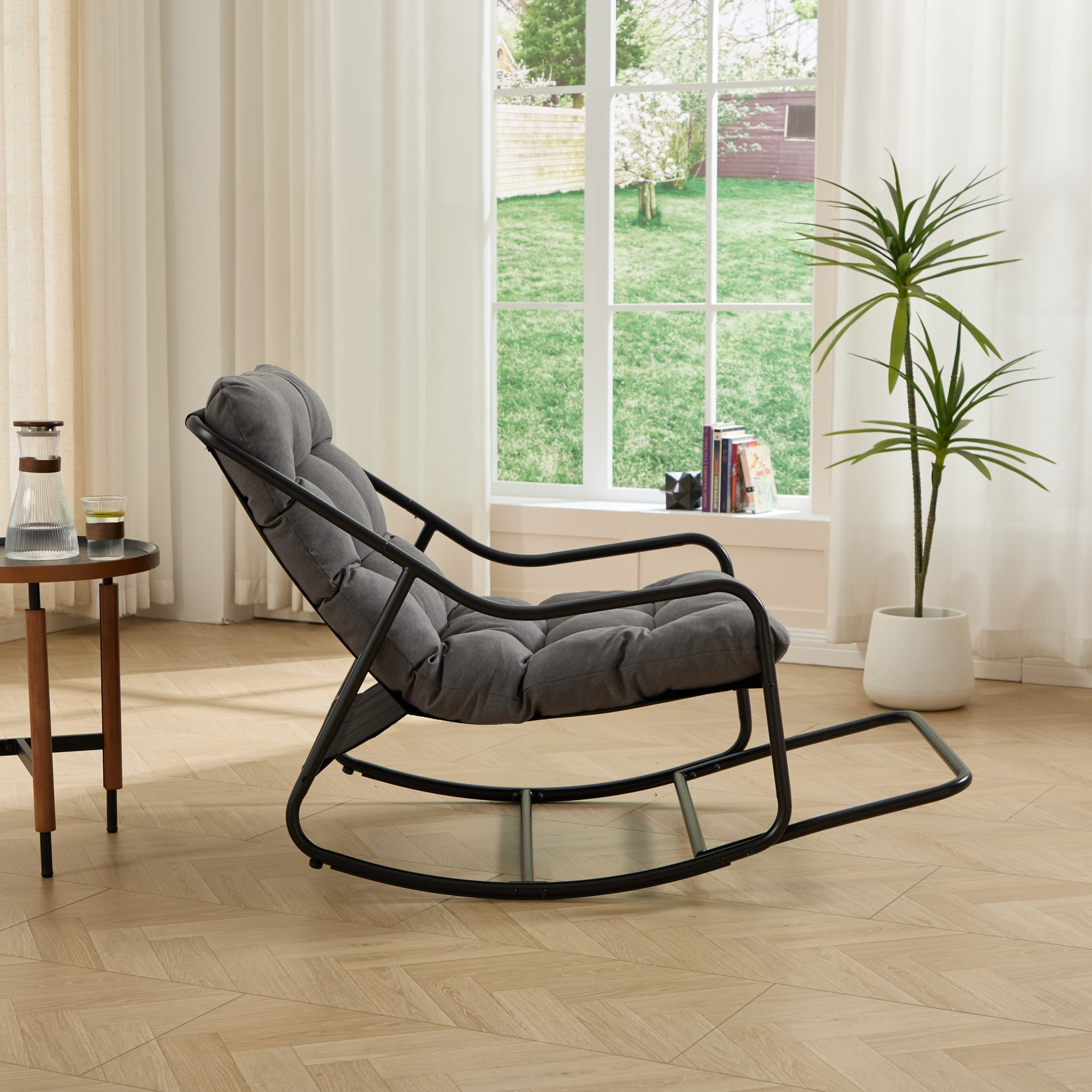 Outdoor Rocking Chair with Cushion, Patio Comfy Rocker with Thick Padding, Modern Sling Chair for Porch, Garden, Reading Nook, Black/Grey