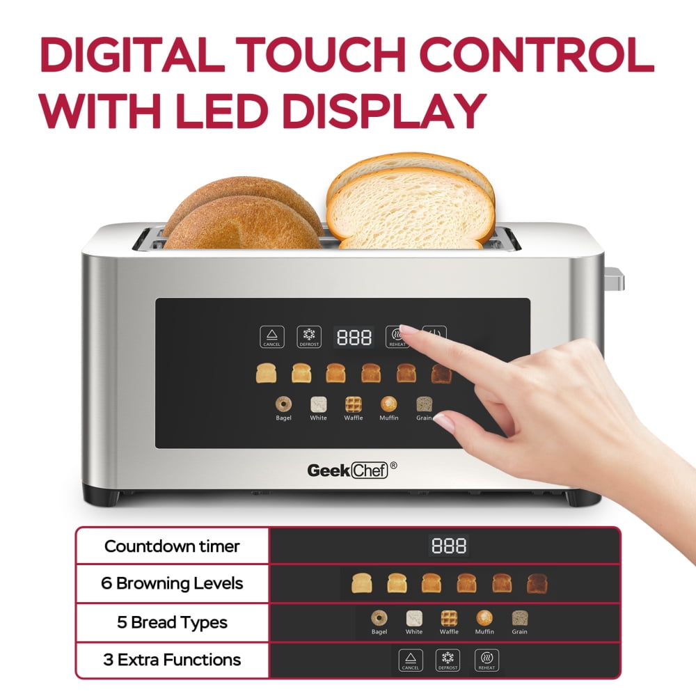 4-Slice Toaster with Extra-Wide Entrance - Stainless Steel Surface, LED Display Touch Panel, Automatic Shut-Off & Anti-Jam, Easy Clean & Cord Storage for Family