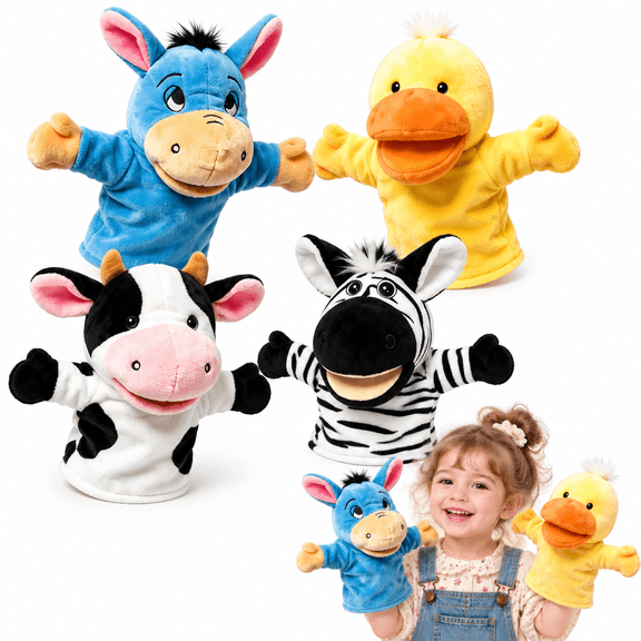 4 Pcs Plush Hand Puppet Set (Blue Donkey Cow Yellow Duck Zebra), The Puppet Type Perfect for Storytelling, Teaching, Preschool, Birthday Gifts