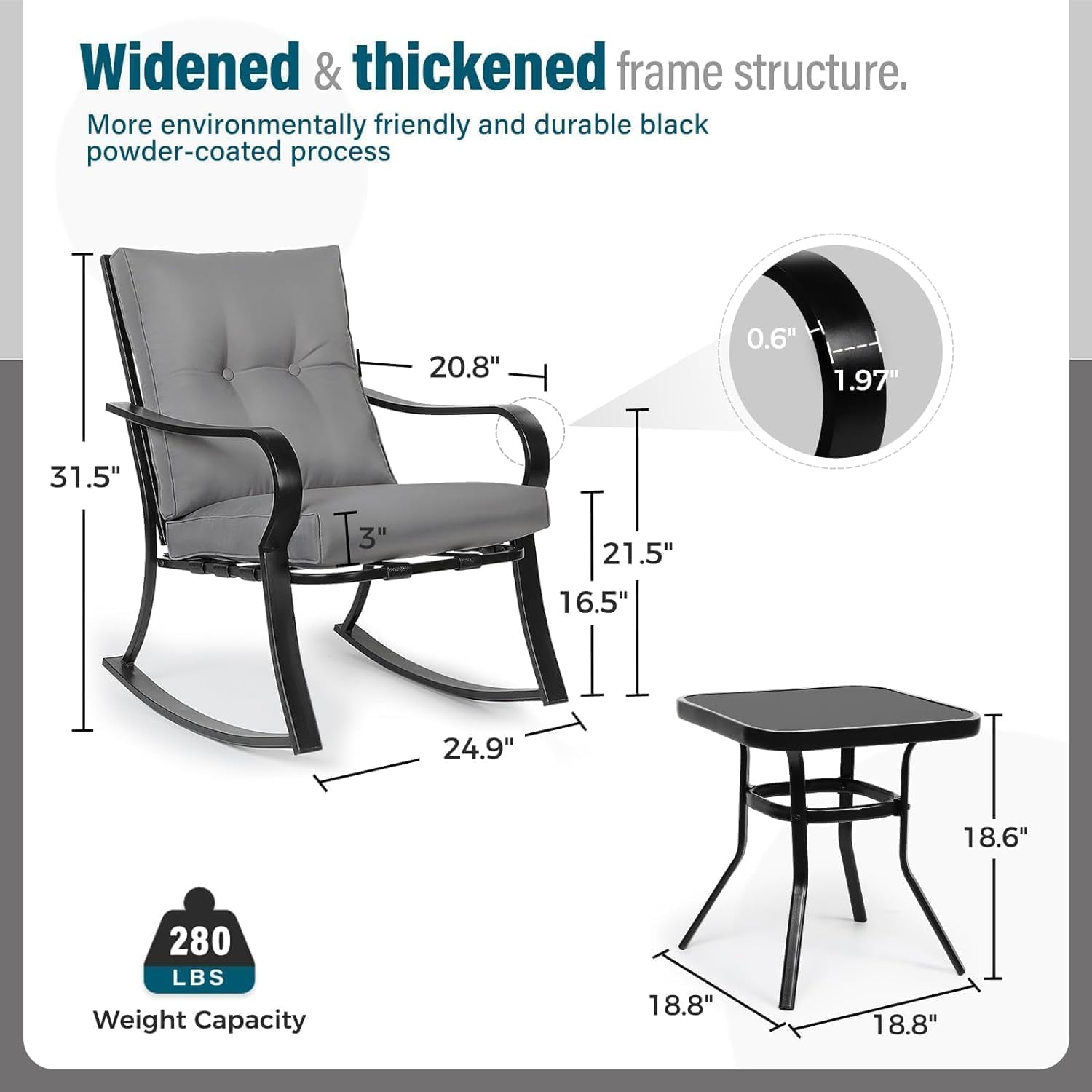 SUNCROWN 3-Piece Outdoor Patio Bistro Set Black Metal Rocking Chairs and Table with Gray Cushions