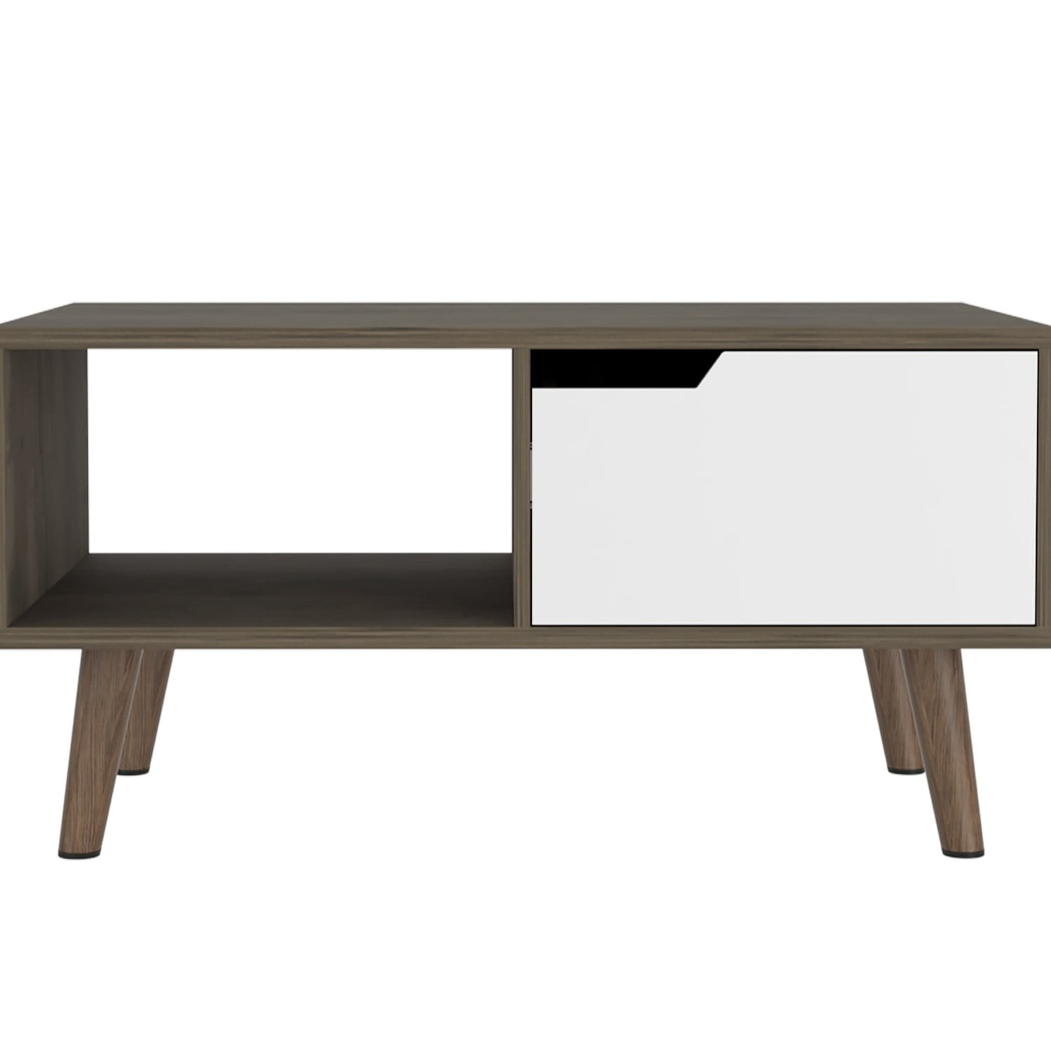 Lisonu Mid-Century Modern Coffee Table with Drawer and Open Shelf, Two-Tone Living Room Center Table with Tapered Legs, Particle Board Cocktail Table, Dark Brown & White