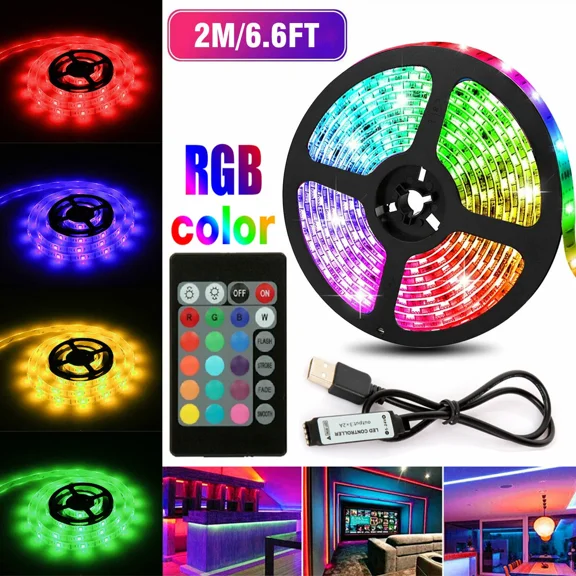 2m 5V USB LED Strip Light TV Back Light 5050 RGB Color Changing w/ 24Key Remote