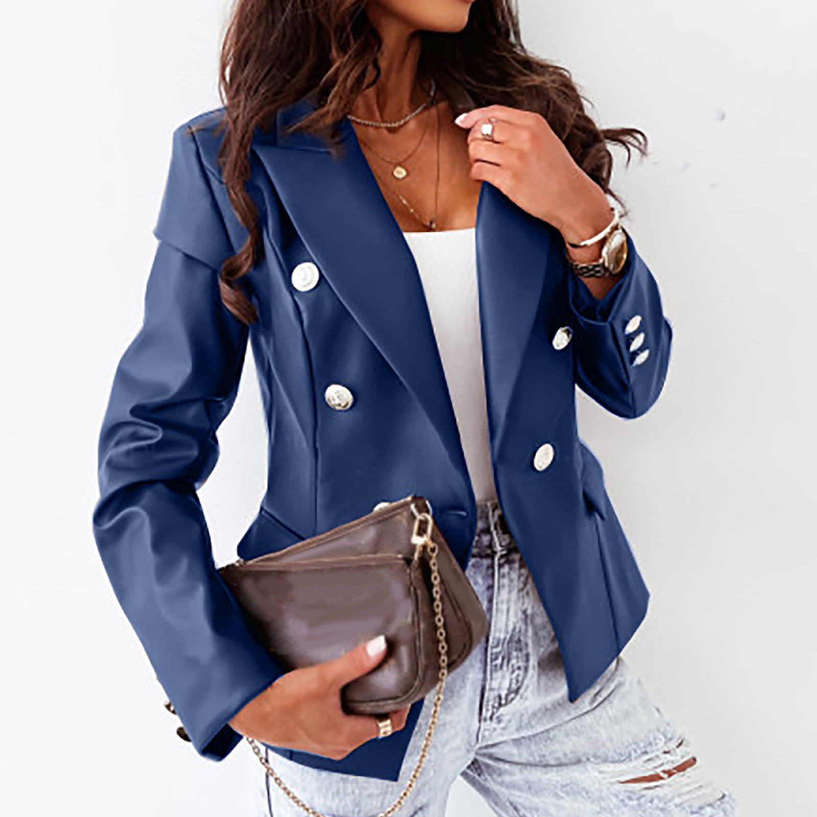 Brnmxoke Double Breasted Buttons Faux Leather Blazer Women Long Sleeve Coat Notch Collar Leather Jacket Women
