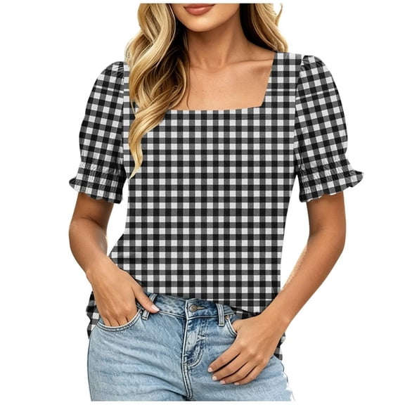 Ltctricy T Shirts for Women Ruffle Lantern Short Sleeve Square Neck Plaid Tunic Tops Dressy Casual Tee Blouses
