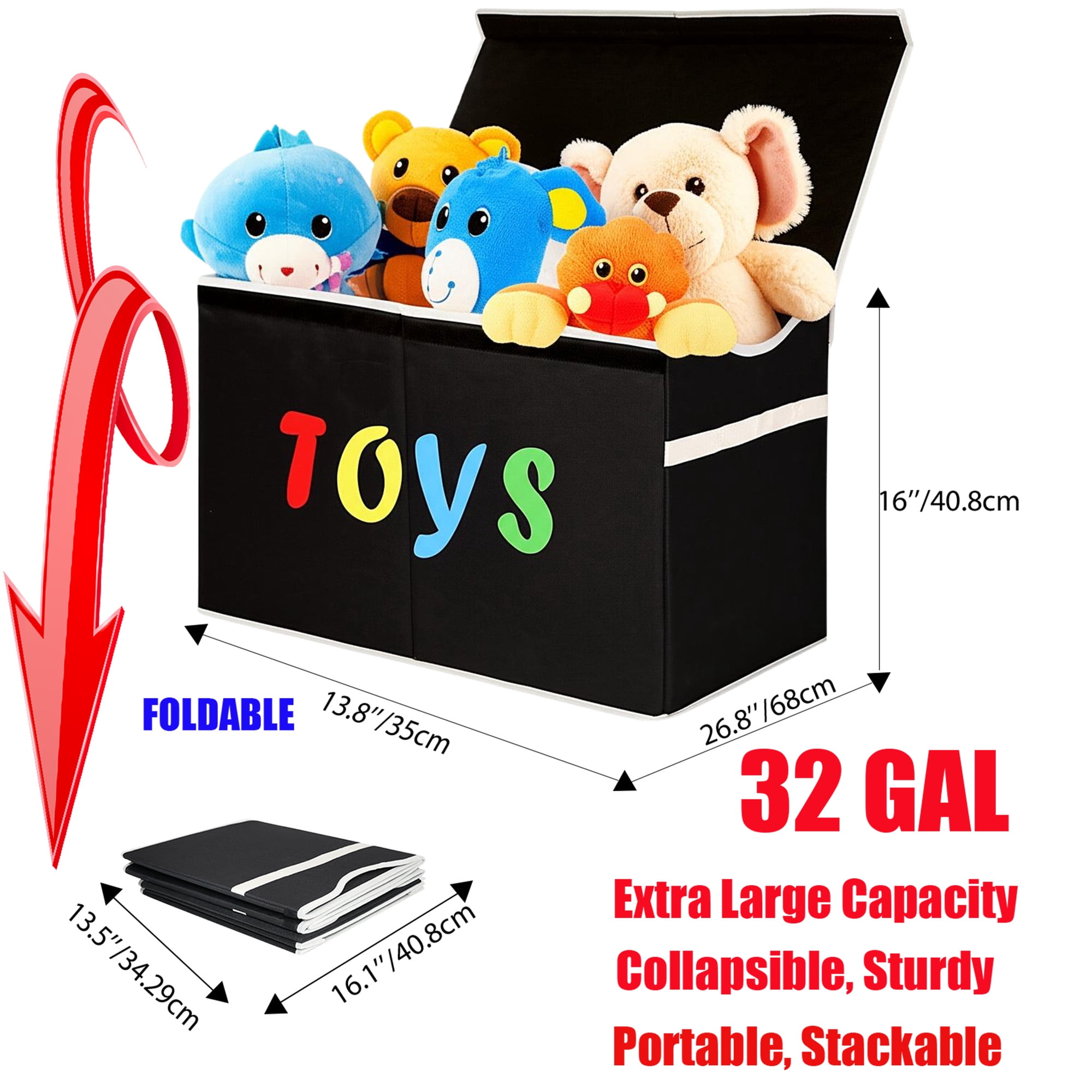 VICTORICH Extra Large Child Collapsible Toy Storage Fabric 32 gal Kids Room Toy Chests with Lid, Black