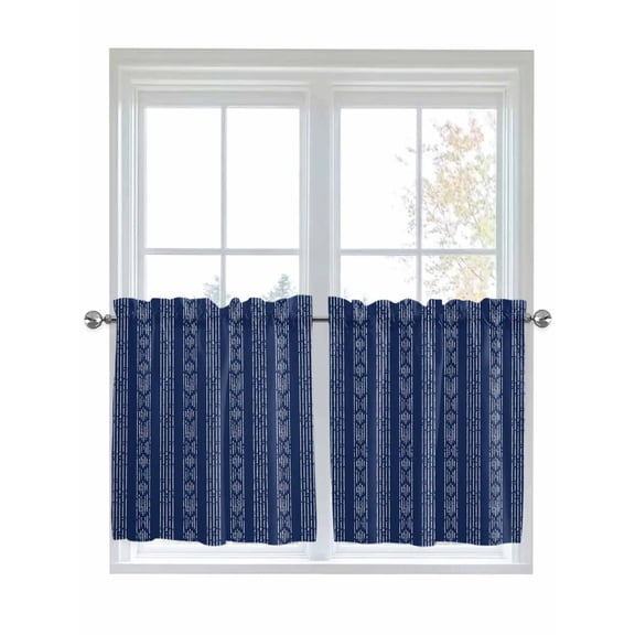 Half Window Curtain 36 Inches Long, Navy Blue Striped Window Treatment Curtain Drapes, Modern Abstract Art Geometric Stripes Small Tier Curtains for Bathroom Over Sink, 27.5"x36", 2 Panels